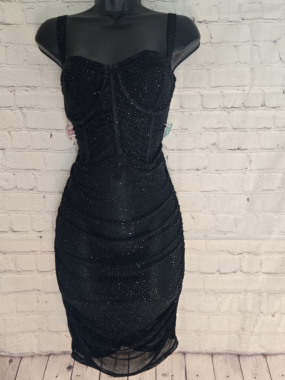 Fashion Nova NWT black mesh rouched  bedazzled sheer mini dress with boning M
